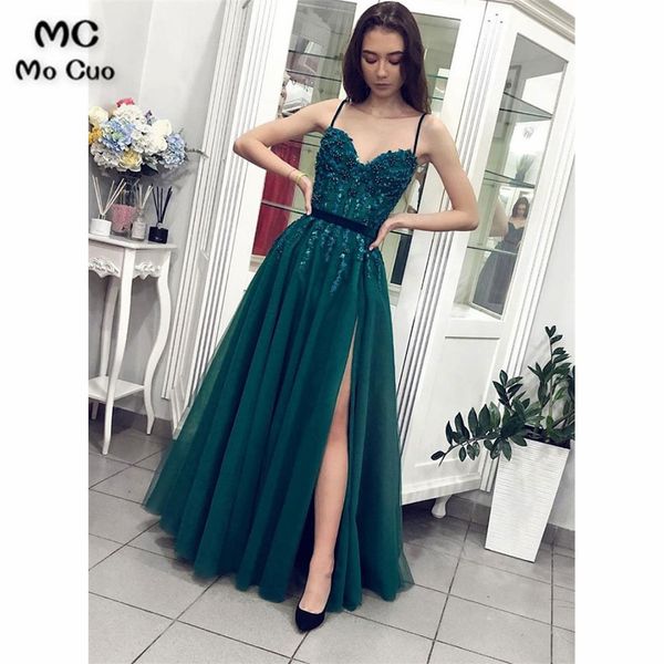 

green beaded prom dresses with appliques evening gown spaghetti straps slit tulle prom dress for women custom made, White;black