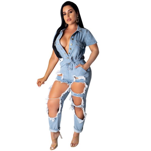 

women denim jumpsuit short sleeve club party plus size denim overalls pocket belt hole ripped jeans rompers women jumpsuit, Black;white