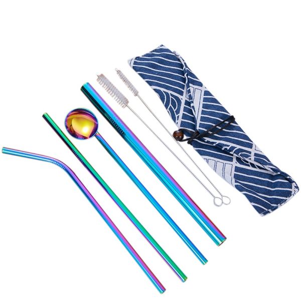 

friendly 6pcs stainless drink straws set with cloth pack cutlery+2pcs cleaner brush reusable straw bar accessories