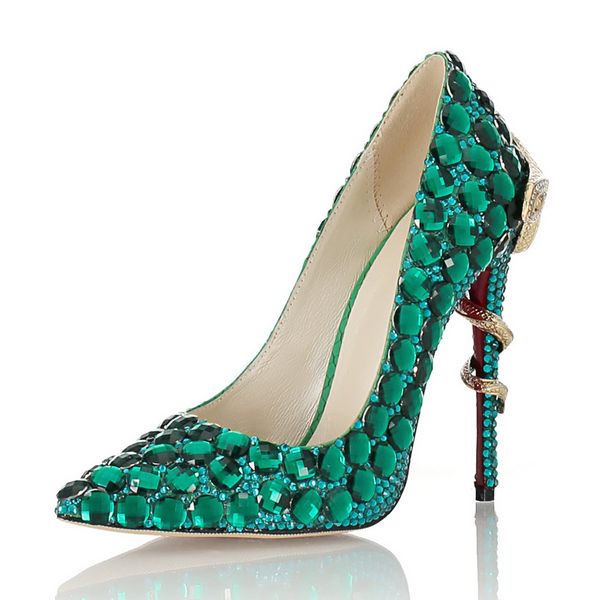 

handmade green rhinestones wedding pumps sheepskin leather pointed toe red bottoms designer luxury bridal dress shoes 11cm size 35-41, Black
