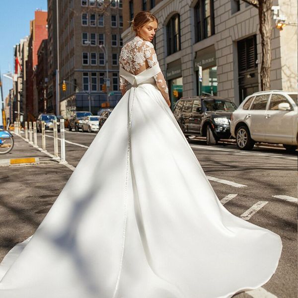 

vintage design high neck long sleeve wedding dresses appliqued lace satin a line classic 2020 bridal gowns vestidos de noiva, White