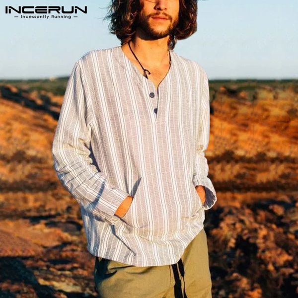 

incerun 2019 men long sleeve t shirt striped v neck pockets fashion loose casual brand tee shirts men camiseta hombre streetwear, White;black