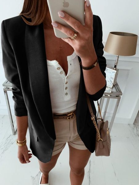 

office lady solid women's jacket woman blazer 2019 casual notched black coat women women jacket blazer, White;black
