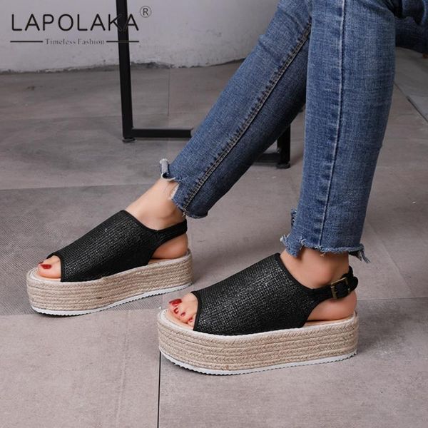 

lapolaka new fashion 2020 big size 43 platform dropship summer sandals woman shoes buckle strap casual shoes women sandals, Black