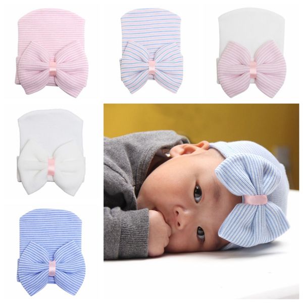 

new 2019 autumn winter newborn baby girl boys striped bowknot hospital hat beanie hat stretchy caps, Yellow