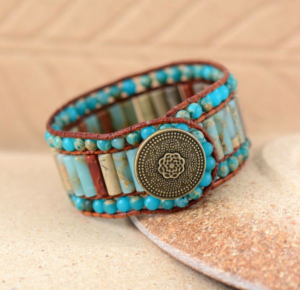 

boho bracelet unique natural stone vintage leather wrap bracelets wholesale bohemian woven stone cuff bracelet dropship, Golden;silver