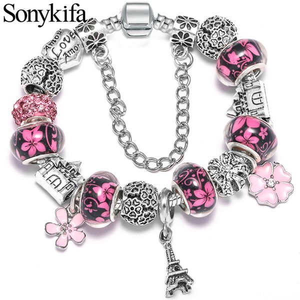 

brace code 9 paragraph romantic eiffel tower charm bracelet crown castle fine bracelet flower pendant women's gift, Golden;silver