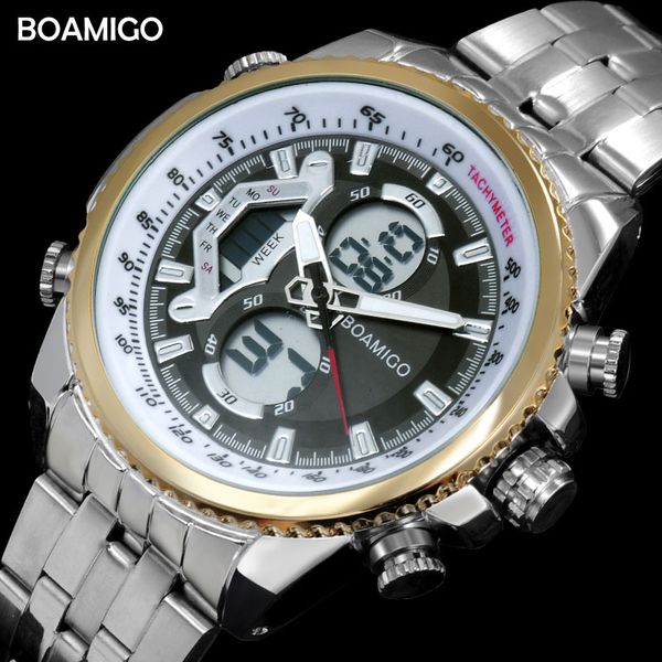 

men dual display watches luxury sports watches digital chronograph watch boamigo waterproof quartz gift wristwatch reloj hombre, Slivery;brown