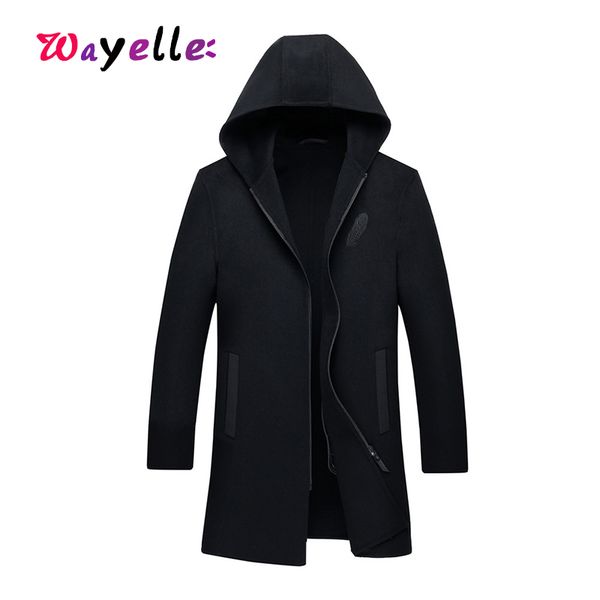 

fashion winter wool hooded jackets overcoat men's long style woolen trench coat men's casual solid warm wool windbreak outerwear, Black