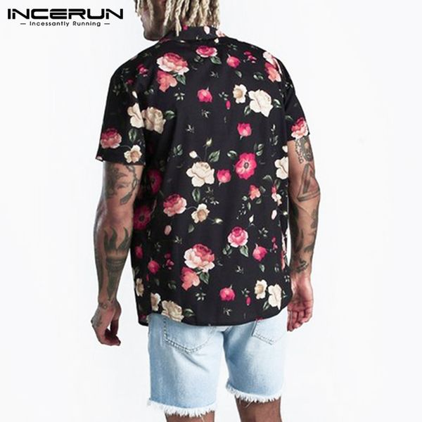 

incerun fashion brand printed 2021 shirt flower short sleeve lapel beach casual blouse streetwear men hawaiian hombre camisas norsk, Black