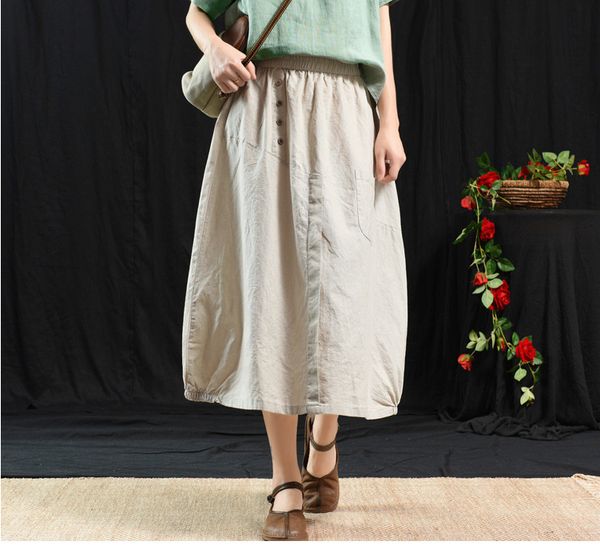 

summer skirt retro women elastic waist loose skirt new ladies casual pocket button vintage 2019 mori girl solid color, Black