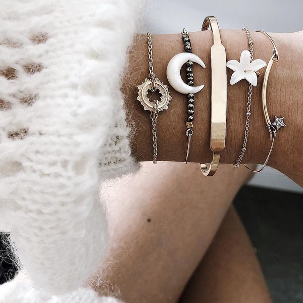 

bracelets & banglets for women bohemian beaded crystal star bracelets fashion moon flower girl female charm banglet boho jewelry, Golden;silver