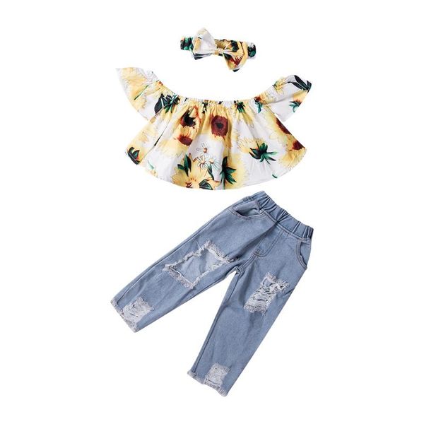 

1-6y toddler kid baby girl clothes sets flowers print off shoulder denim pants jeans headband outfit set clothes, White