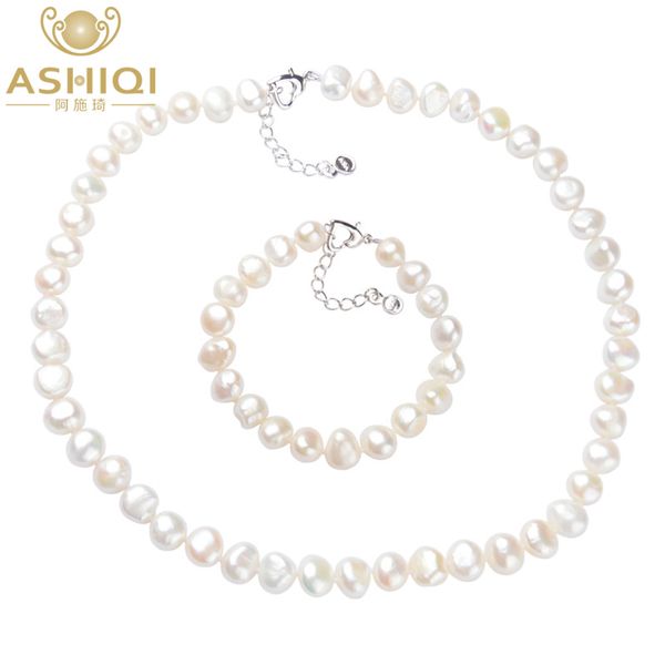 

ashiqi white 9-10mm natural pearl jewelry sets real freshwater pearl necklace handmade bracelet for women new arrivals, Black