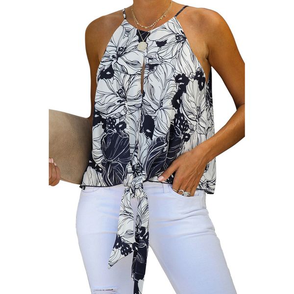 

ins ретро печати футболка женская лето новая европейская версия круглого вырезом без рукавов -плеча узел сверху от имени продажи, White