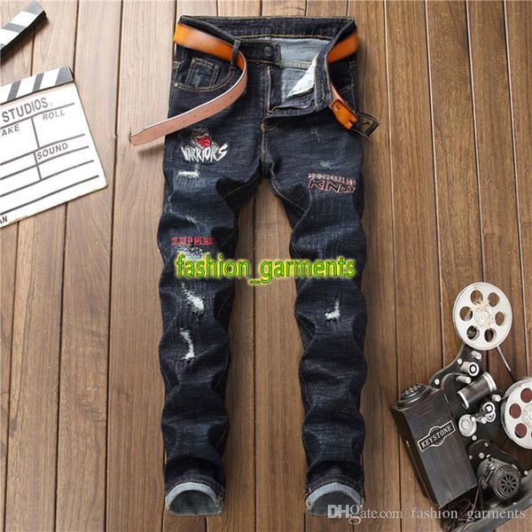

brand new fashion personality motorcycle pants mens designer jeans mens trousers street embroidery personality jeans trend slim denim pants, Blue