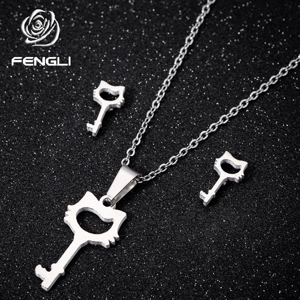 

fengli kitty key stud earrings for women trendy necklace&pendant statement femme jewelry set romantic accessories, Silver
