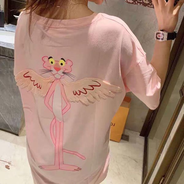 

2020 new summer web celebrity student rough pink panther t-shirt female european large version short sleeves loose medium length style versa, White