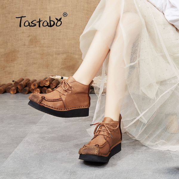 

tastabo genuine leather ladies ankle boots vintage style flat boots thick bottom women's lace up s88505 brown yellow 35-40, Black