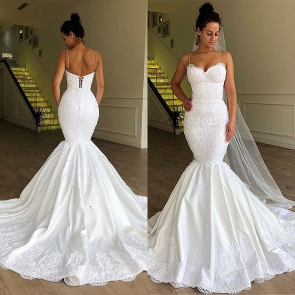 

simple mermaid wedding dresses with long train spaghetti straps satin and lace wedding gowns back lace up beach bridal dress cheap, White