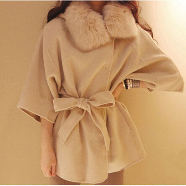 

2017 winter autumn long wool coat women large fur collar ladies coats cloak woolen jackets belt fashion winter coat q418, Black