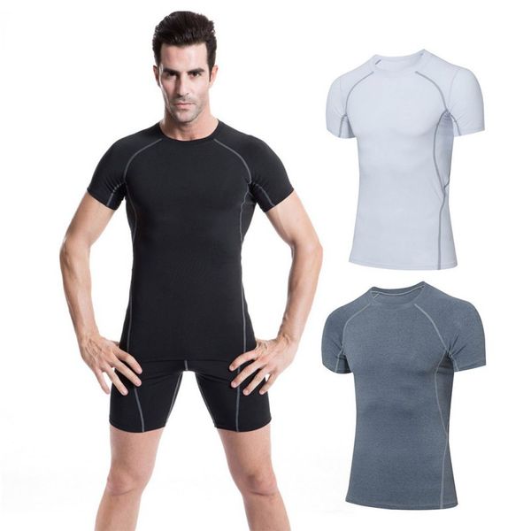 

men running tight short t-shirt compression quick dry t shirt male gym fitness tees running slim bodybuilding jogging fit shirts, Black;red