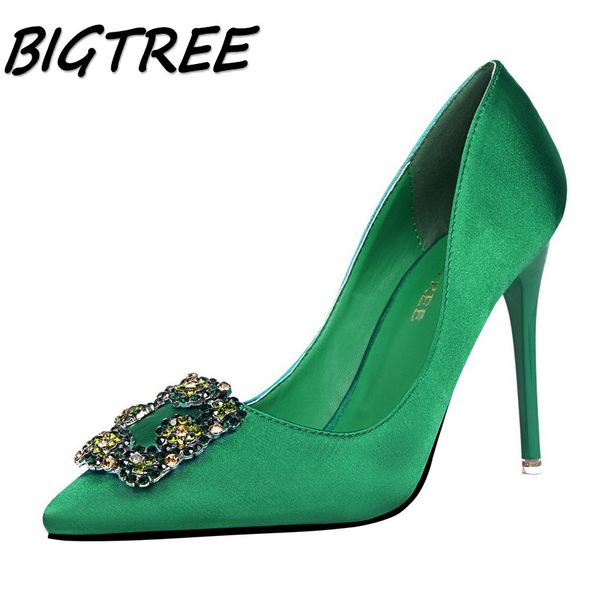

bigtree summer women pointed toe high heels shoes woman shallow crystal pumps ladies fashion party wedding silk single shoes, Black