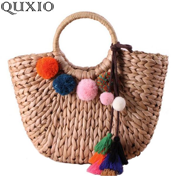 

2018 new rattan handle woven bag tassel ball straw bag leisure scarves tote beach bag for women luxury handbags designer zcy02 d19011204