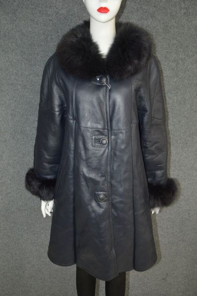 

mother mum woman's genuine sheepskin lambskin leather coat long jacket parkas fur collar wool lining liner navy blue xxxxxl, Black