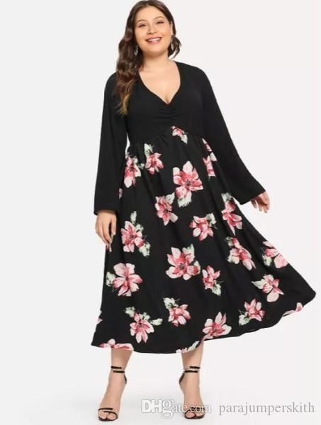 

plus size women summer dresses fashion floral printed women dress v neck women loose dress, Black;gray