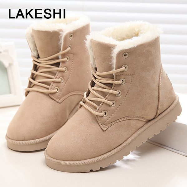 

women winter boots warm fur snow woman boots 2019 round toe winter women shoes lace up suede cotton ankle plus size 43, Black