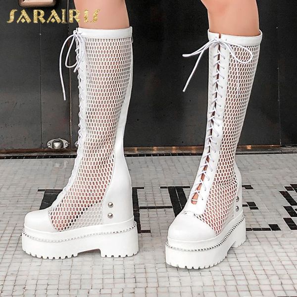 

sarairis 2020 new design genuine cow leather comfortable boots woman shoes square heels platform summer shoes women boots, Black