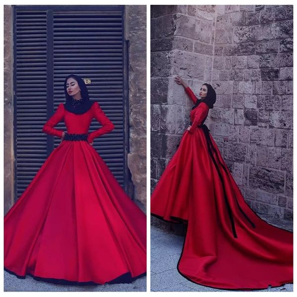 

2019 modest long sleeves muslim prom dresses satin arabic new arrival formal evening gowns jewel red a-line evening party gowns custom, Black