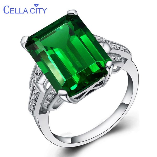 

cellacity vintage emerald ring for women silver 925 big green gemstone finger jewelry anniversary wholesale gift size 6-10, Golden;silver