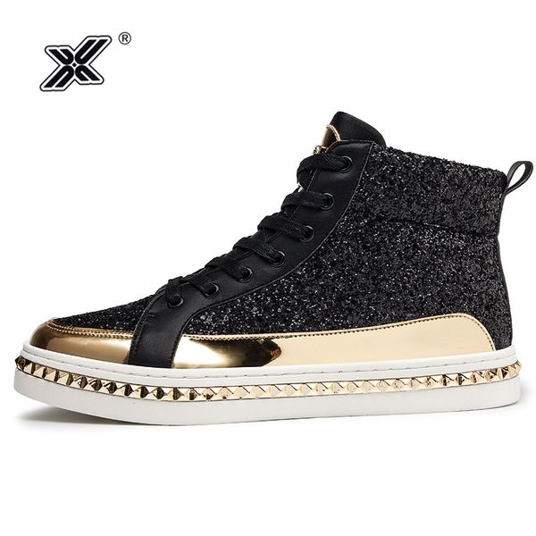 

x brand fashion glitter golden high men sneakers mirror shoes in bars club metal hip hop streetwear custom shoes men casual, Black