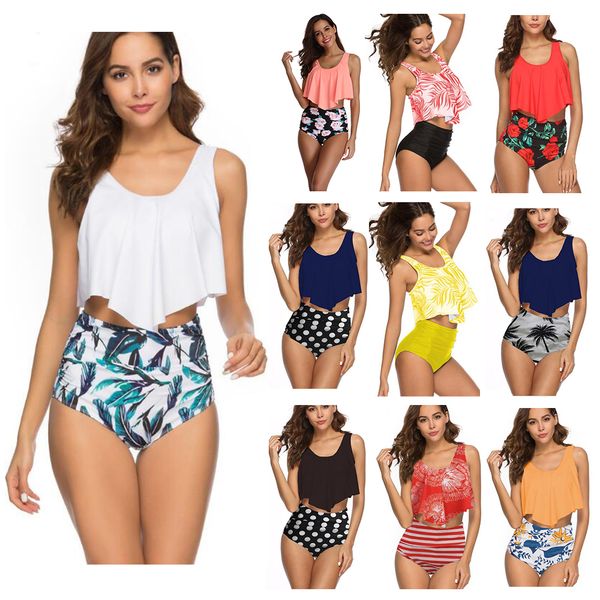 

2019 women two piece swimsuits high waist plus size swimwear bikini print summer beachwear lotus leaf floral bikini set bra swimsuit