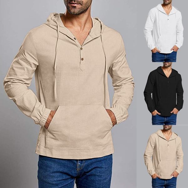 

spring and autumn 2019 men's shirt camisas hombre men's loose cotton blend solid color hooded button long sleeve shirt blouse, White;black