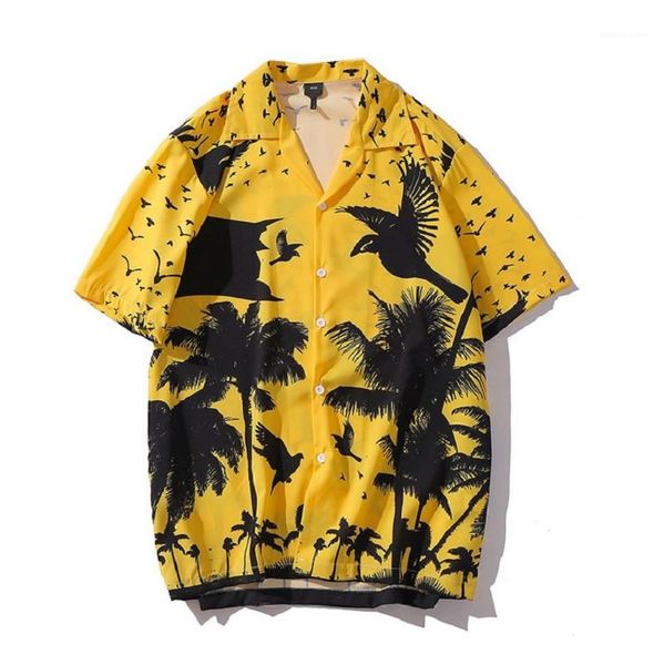 

style shirts floral birds printed casual male tshirts lapel neck short sleeve mens clothing boys summer hawaii, White