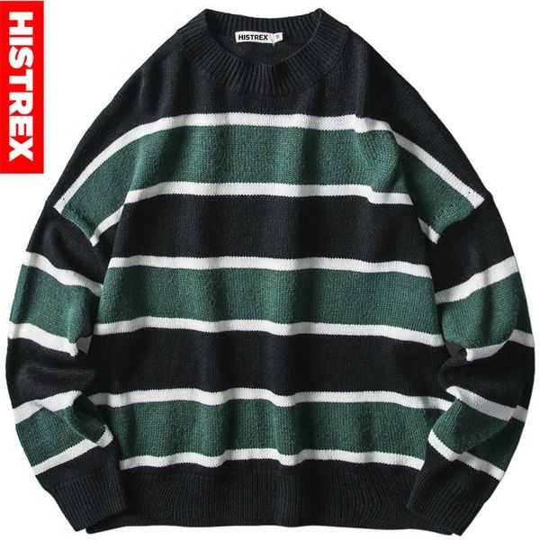 

2020 sweater men hip hop loose knitted striped sweater pullover streetwear retro vintage harajuku autumn casual cotton, White;black