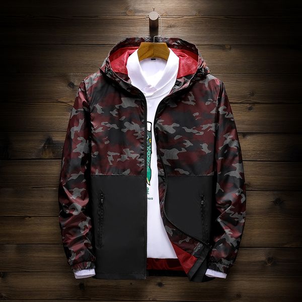 

spring new camouflage jacket men's thin color matching hooded windbreaker jacket men's casual size -5xl, Black;brown