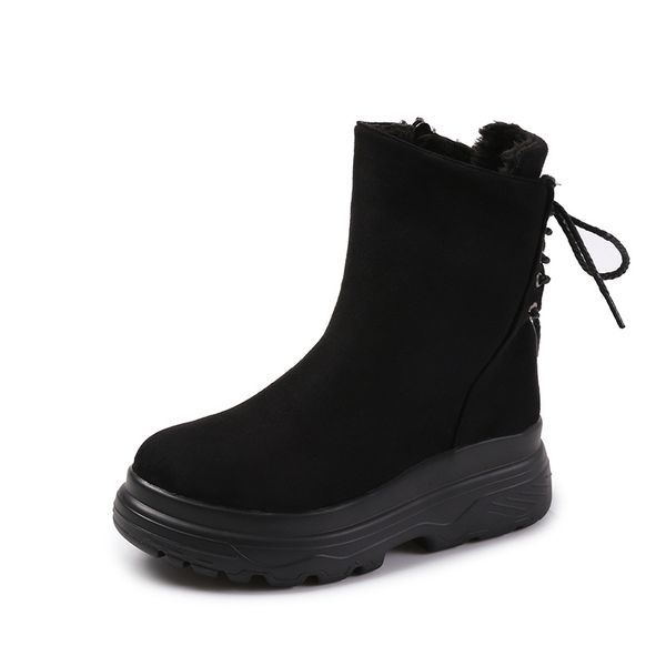 

thick-soled winter new high-rise mid-tube plus velvet ankle boots retro high-women's shoes, Black
