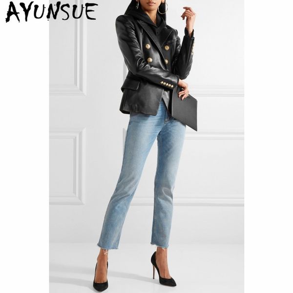 

ayunsue autumn genuine leather jacket women clothes 2019 korean fashion streetwear sheepskin real leather coat motorcycle 7718, Black
