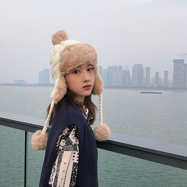 

russia thickens white women cable knit peruvian beanie wool winter hat cap with earflap pom caps, Blue;gray