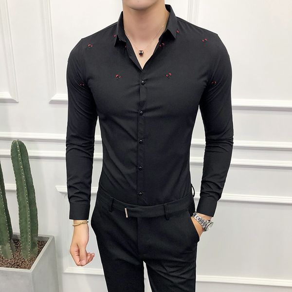 

men's dress shirts british style shirt men fashion autumn 2021 embroidery tuxedo slim fit long sleeve all match mens casual 3xl, White;black