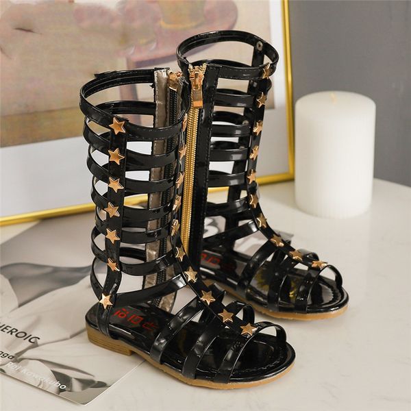 

child girl princess non-slip soft bottom high-long boots roman shoes summer sandals fashion boots shiny sandals, Black;grey