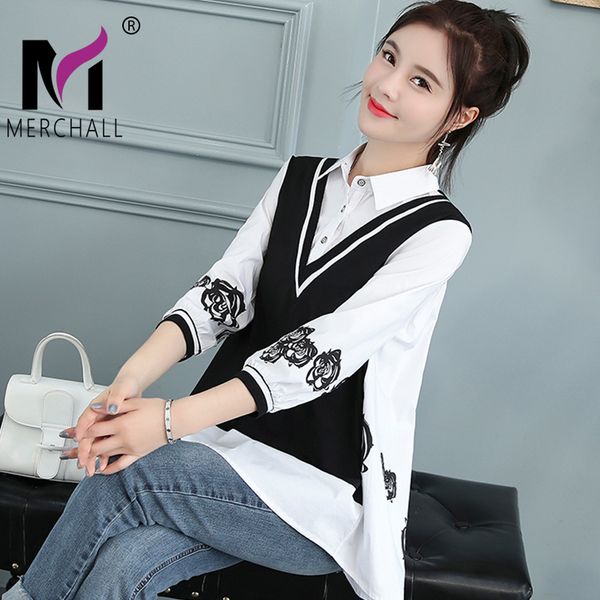 

2020 new spring women's plus size floral print button fake two pieces blouse turn-down three quarter fashion elegant, White