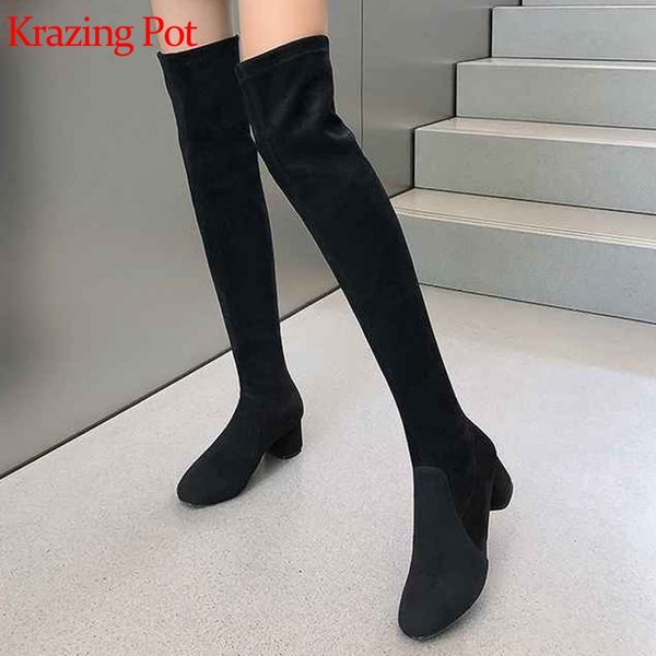

krazing pot winter round toe cow leather flock material superstar long boots keep warm med heel over-the-knee stretch boots l1f5, Black