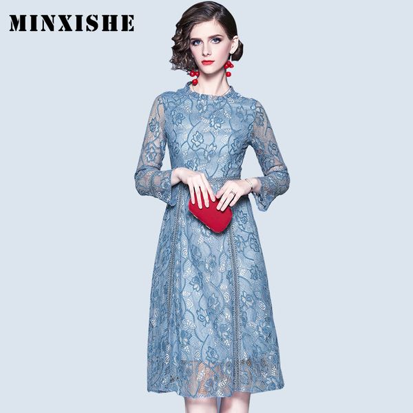 

lace vintage plus size hollow out autumn womens dress office lady midi party elegant dresses long sleeve solid a-line vestidos, Black;gray