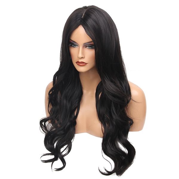 

24 inches women long wavy curly middle part wig heat resistant synthetic daily party black wigs with hairnet