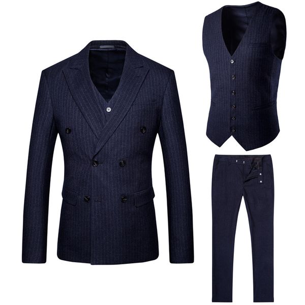 

men's navy stripe double-breasted suit and a black gentleman men's suits slim blazer with trousers and vest three-piece set, White;black